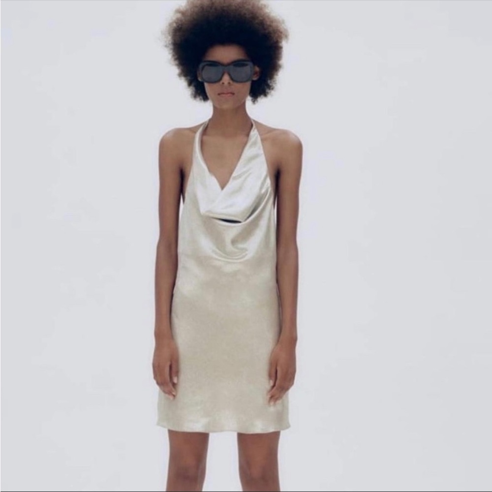 Zara Silver Metallic Draped Halter Dress